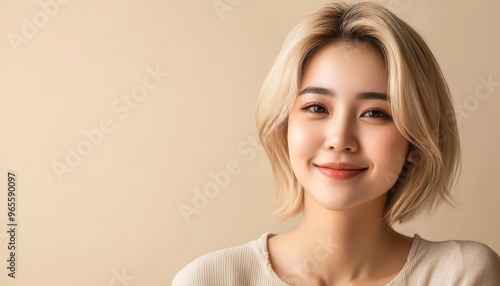 young Asian blonde happy woman wearing in beige T-shirt on beige background, student, copy space