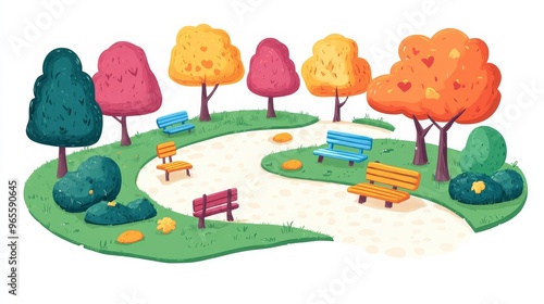 Colorful park with benches and trees.