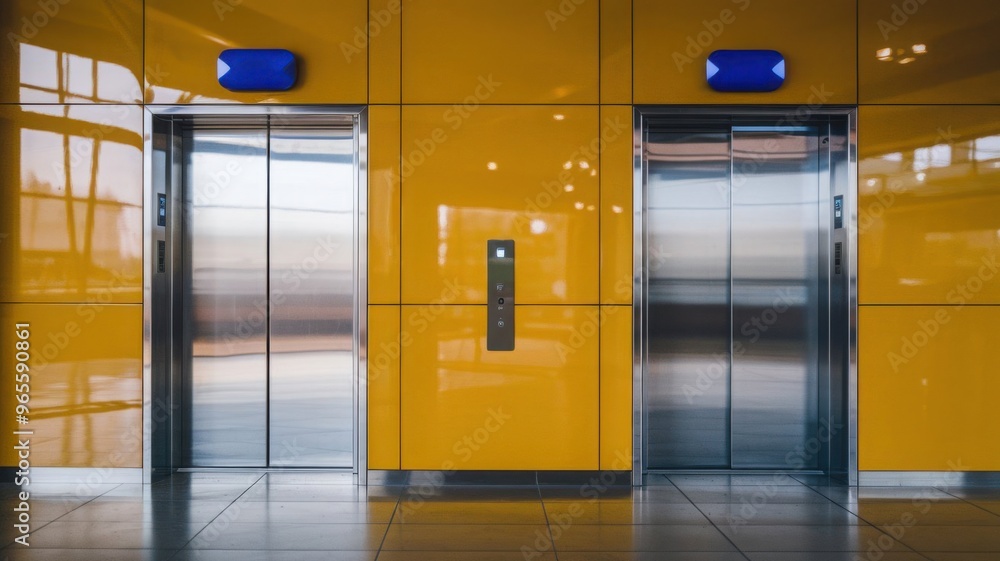 Chrome doors of an office elevator, both open and closed, set against yellow wall panels in a vector depiction. Chrome doors of an office elevator, both open and closed, set against yellow wall panels in a vector depiction.
