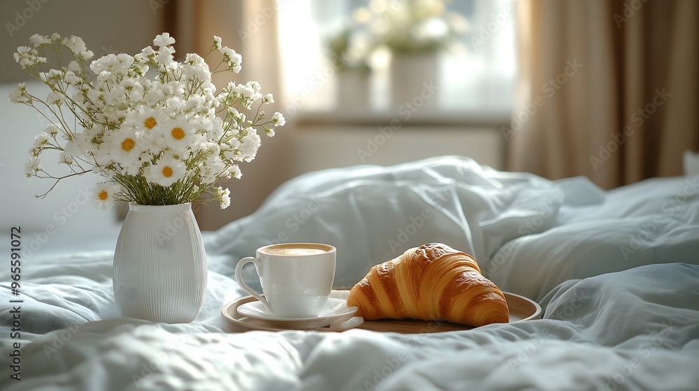 Cozy Breakfast Scene with Croissant Coffee Flowers and Soft Linens in Sunlit Bedroom, print for National Croissant Day Cozy Breakfast Scene with Croissant Coffee Flowers and Soft Linens in Sunlit Bedroom, print for National Croissant Day