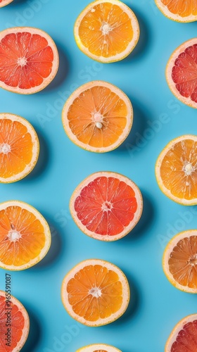 A pattern of grapefruit slices on a blue background in a flat lay, minimalist style