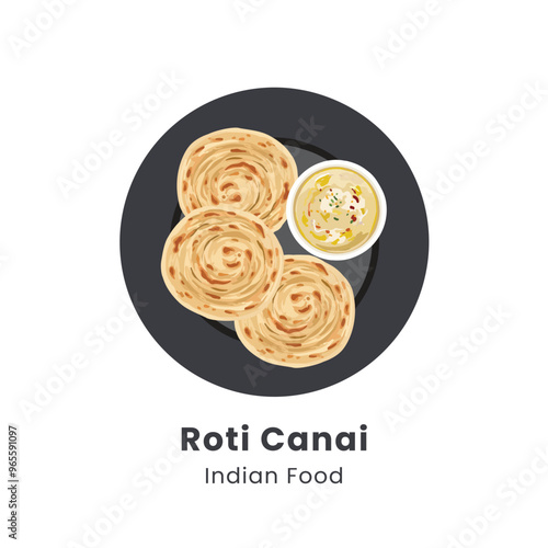 Hand drawn vector illustration of Roti Parata or Roti canai or Roti maryam with lamb curry sauce