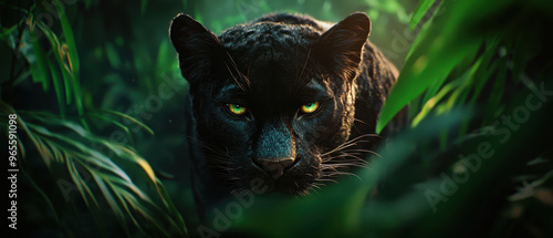 A rare black panther slinks through dense jungle foliage, showcasing its striking green eyes and sleek fur. atmosphere is filled with mystery and allure, capturing essence of wild photo