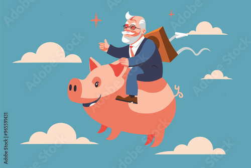 Wise Grandfather Riding Piggy Bank to Bank Manager, Protecting Savings and Seeking Profit, Dividends from Pension Fund