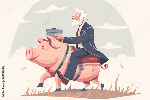 Wise Grandfather Riding Piggy Bank to Bank Manager, Protecting Savings and Seeking Profit, Dividends from Pension Fund