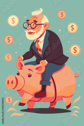 Wise Grandfather Riding Piggy Bank to Bank Manager, Protecting Savings and Seeking Profit, Dividends from Pension Fund