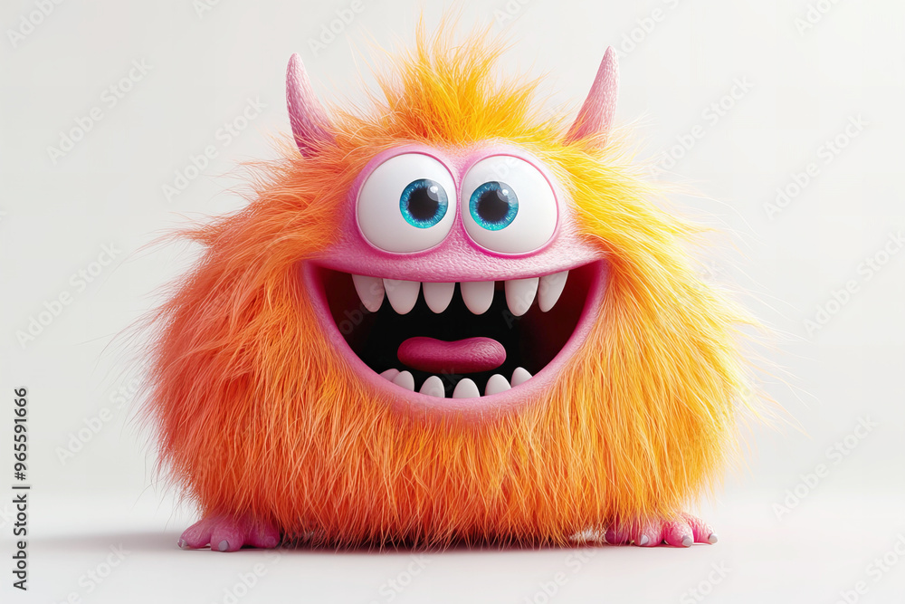 Bright, furry orange monster with large eyes and a wide smile posing against a white background Bright, furry orange monster with large eyes and a wide smile posing against a white background