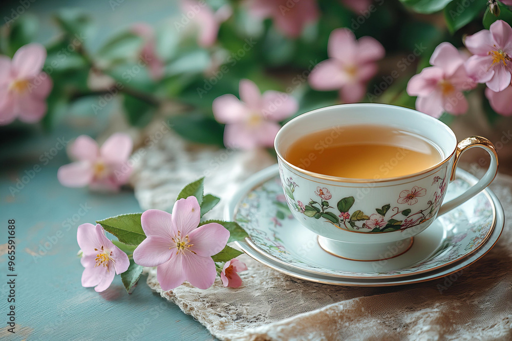 Beautiful Pink Flowers Arranged in a Ceramic Teacup on a Vibrant Blue Background Beautiful Pink Flowers Arranged in a Ceramic Teacup on a Vibrant Blue Background