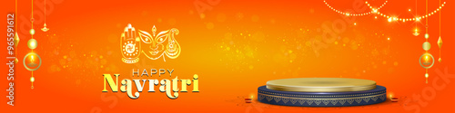 Banner design with podium for navratri and durga puja festival. Happy navratri text with vibrant red sparkle background.