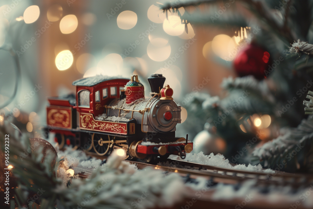 Christmas Express, Christmas toy train. Retro red steam locomotive. Festive decor, christmas tree. Blurred green background, bokeh and golden lights. Christmas Express, Christmas toy train. Retro red steam locomotive. Festive decor, christmas tree. Blurred green background, bokeh and golden lights.