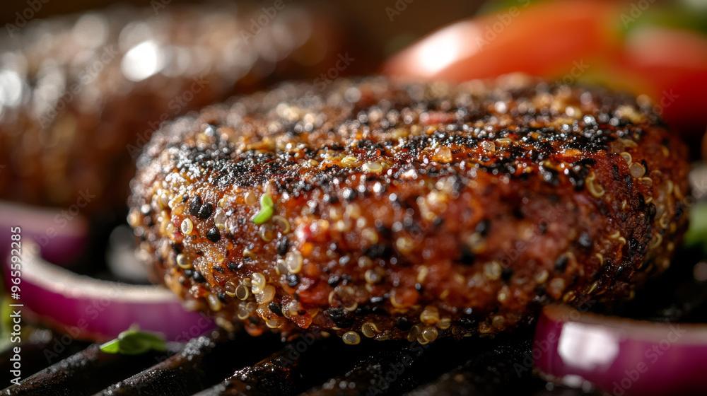 Close Up of a Grilled Quinoa Burger Patty with Red Onion