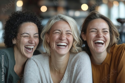 A group of women from different ethnicities laughing together in a coffee shop