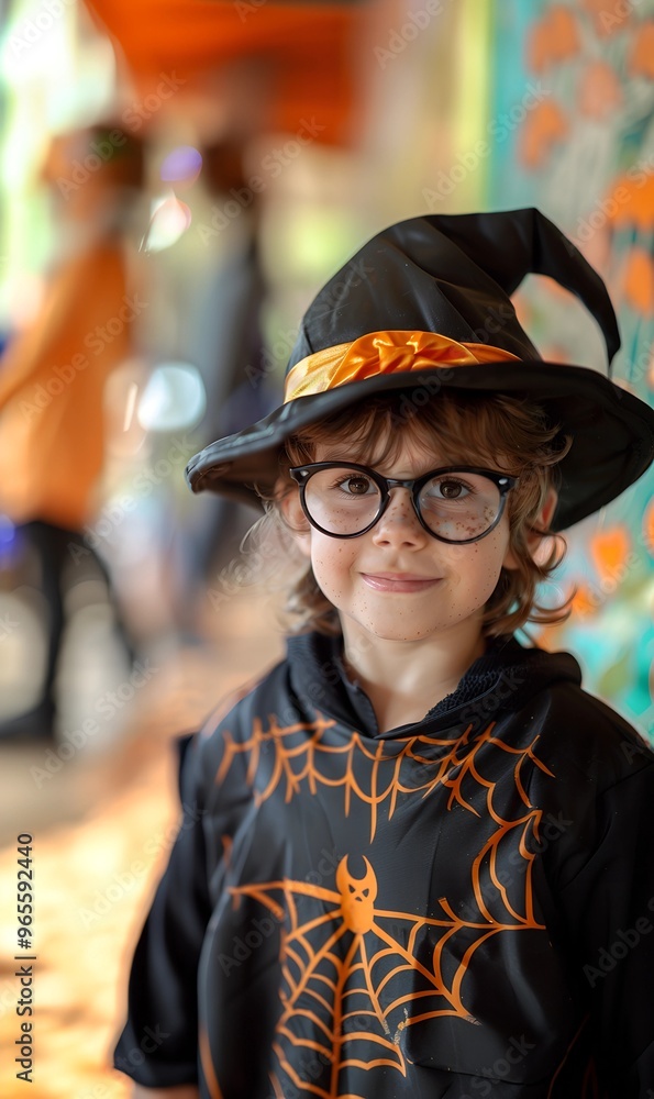 Child dressed up spooky character at Halloween costume party. Boy in hat on horror festive Child dressed up spooky character at Halloween costume party. Boy in hat on horror festive