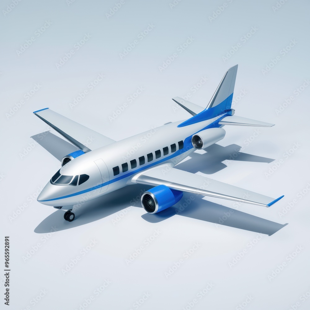 Obraz premium A sleek, modern aircraft model featuring a white body with blue accents, poised on a light background, showcasing its streamlined design and aviation elegance