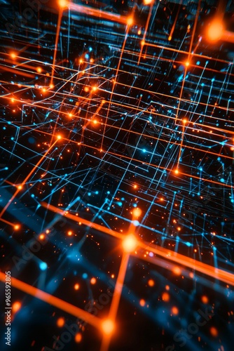 A futuristic orange-and-blue digital grid with glowing lines and nodes.