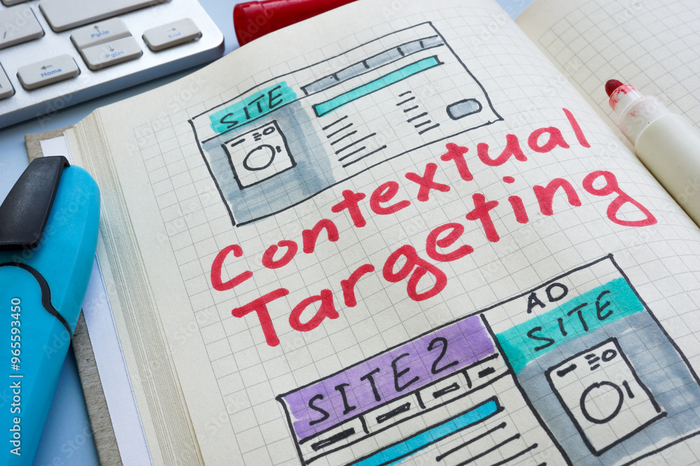 Notes in a notebook about contextual targeting. Marketing strategy or ad personalization. Notes in a notebook about contextual targeting. Marketing strategy or ad personalization.