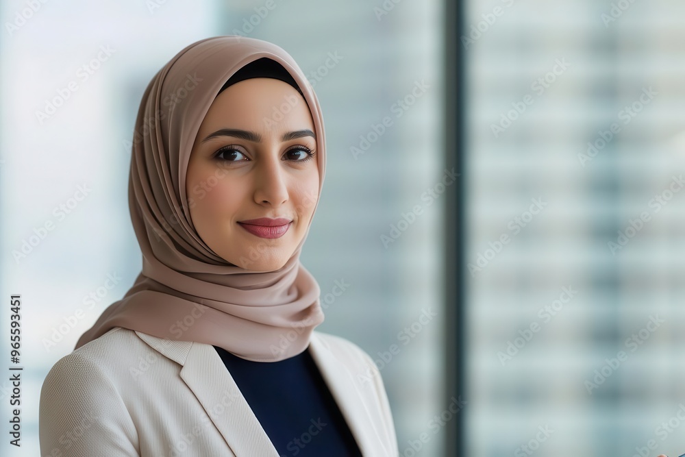 A professional woman in a hijab giving a presentation in a modern office setting A professional woman in a hijab giving a presentation in a modern office setting