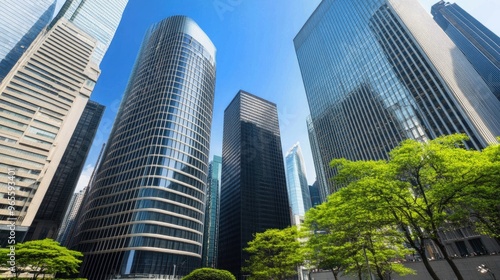 A contemporary office building features wide glass windows and a lush green roof with trees. The setting showcases a blend of nature and modern architecture against a clear sky.