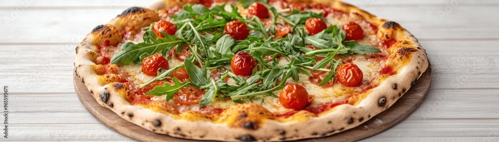 A rustic pizza fresh out of the oven, topped with arugula and cherry tomatoes A rustic pizza fresh out of the oven, topped with arugula and cherry tomatoes
