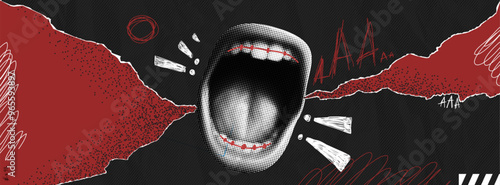 Banner with open scream mouth. Pop art and punk background. Poster with halftone effect. Zine page. Retro vector design in red and black and white colors.