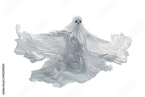 Ghost in a flying Halloween costume creates a ghostly, scary scene filled with spirit and horror. Cut isolated on transparent