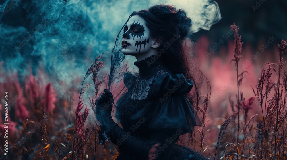 A woman with eerie make-up and a lack bride dress on a colorful forest. A woman with eerie make-up and a lack bride dress on a colorful forest.