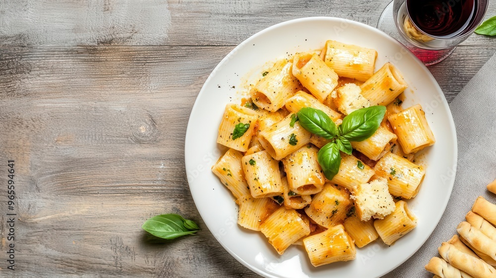 A traditional Italian pasta dish served with wine, breadsticks, and a warm, inviting atmosphere A traditional Italian pasta dish served with wine, breadsticks, and a warm, inviting atmosphere