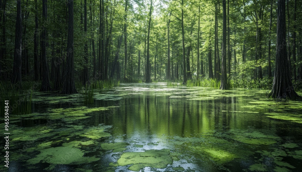 Photorealistic View of a Tranquil Swamp with Reflections on the Water Photorealistic View of a Tranquil Swamp with Reflections on the Water