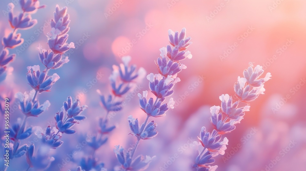 Lavender Flowers in Soft Pink Sunset Light. Lavender Flowers in Soft Pink Sunset Light.