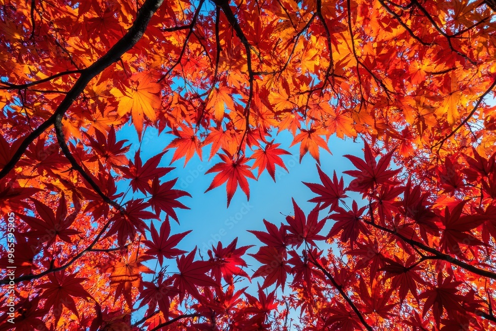 Bright red maple leaves against blue sky, Ai Generation Bright red maple leaves against blue sky, Ai Generation