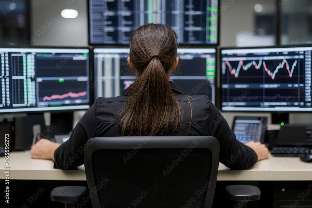 An employee sitting at a desk, using multiple monitors to analyze financial data An employee sitting at a desk, using multiple monitors to analyze financial data
