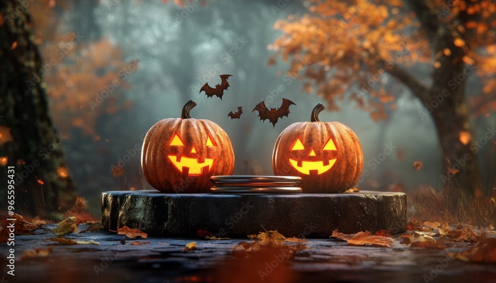 Halloween Concept with Pumpkins Glowing in a Spooky Forest Setting Halloween Concept with Pumpkins Glowing in a Spooky Forest Setting