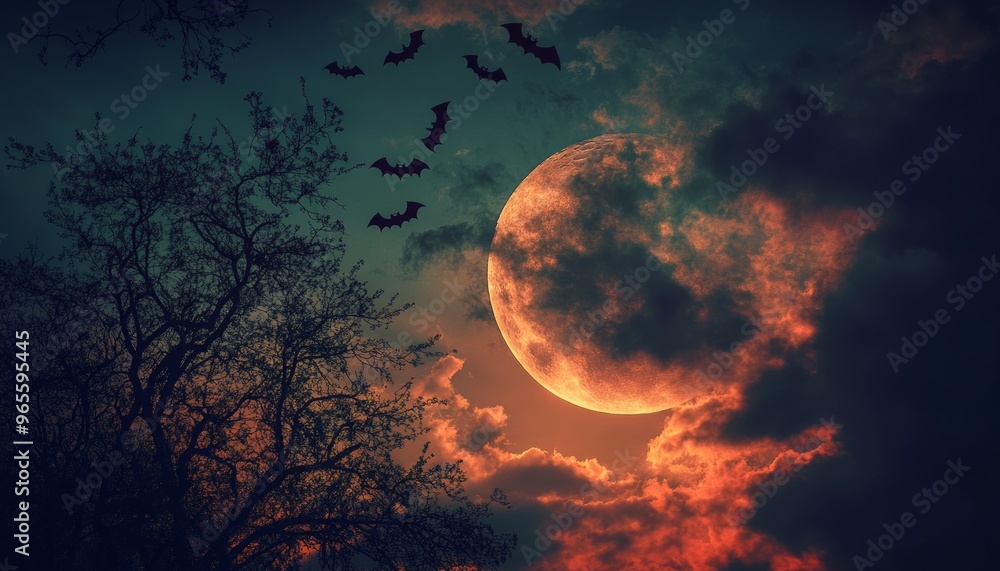 Picture of Halloween Night with Full Moon, Flying Bats, and Glowing Clouds Picture of Halloween Night with Full Moon, Flying Bats, and Glowing Clouds