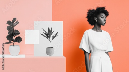 Mujer con vestido blanco junto a jarrones y plantas sobre fondo rosa. Perfecto para destacar productos en un e-commerce con estilo único. Moda minimalista en su máxima expresión.  photo