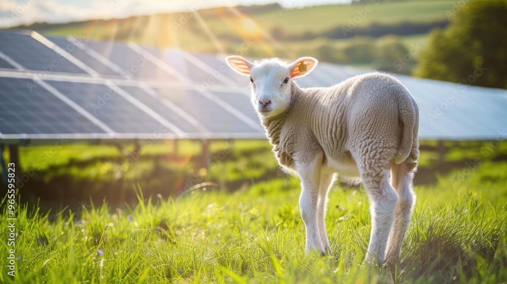 Obraz premium A young lamb stands in a grassy field, with a backdrop of solar panels, a symbol of sustainability and a harmonious co-existence between nature and renewable energy.