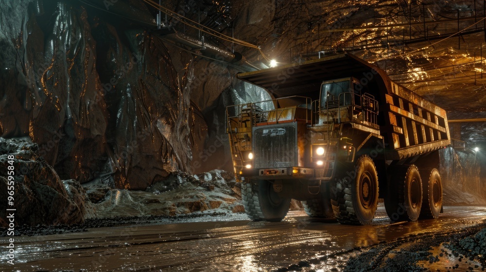 A large mining truck is parked inside an underground tunnel. The truck is designed for transporting excavated materials in mining operations. A large mining truck is parked inside an underground tunnel. The truck is designed for transporting excavated materials in mining operations.