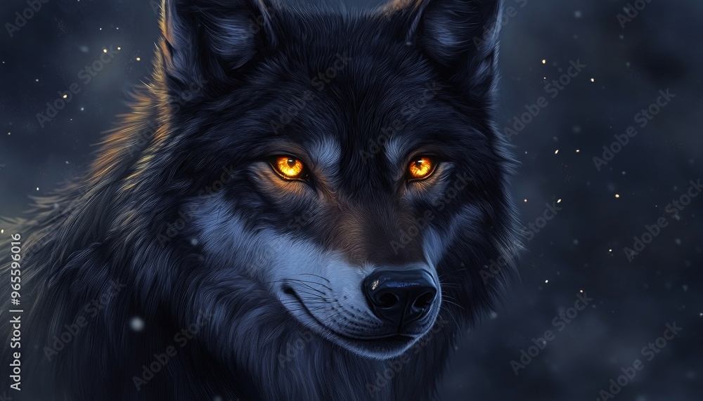 Dark-Themed Art of a Wolf with Glowing Eyes in a Shadowy Forest Dark-Themed Art of a Wolf with Glowing Eyes in a Shadowy Forest