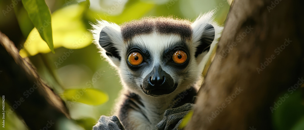Lemur with striking orange eyes peering from behind foliage, showcasing Madagascars unique wildlife. This captivating creature embodies exotic charm of its natural habitat Lemur with striking orange eyes peering from behind foliage, showcasing Madagascars unique wildlife. This captivating creature embodies exotic charm of its natural habitat