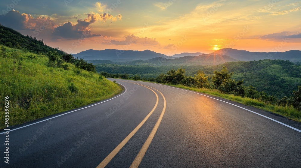 Winding Road Towards a Sunset over Mountain Ranges Winding Road Towards a Sunset over Mountain Ranges