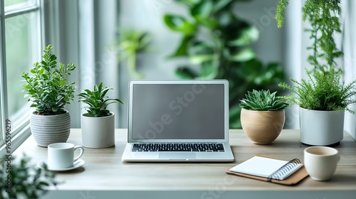 Laptop screen mockup in Modern Home Office Workspace with Indoor Plants and Natural Light