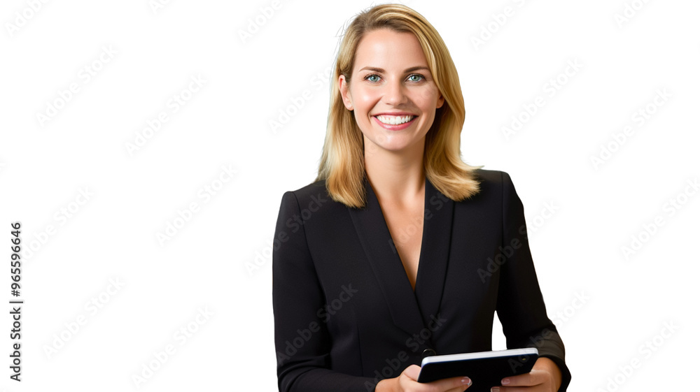 Successful business woman looking confident and smiling holding tablet pc on transparent background PNG.
Successful business woman looking confident and smiling holding tablet pc on transparent background PNG.