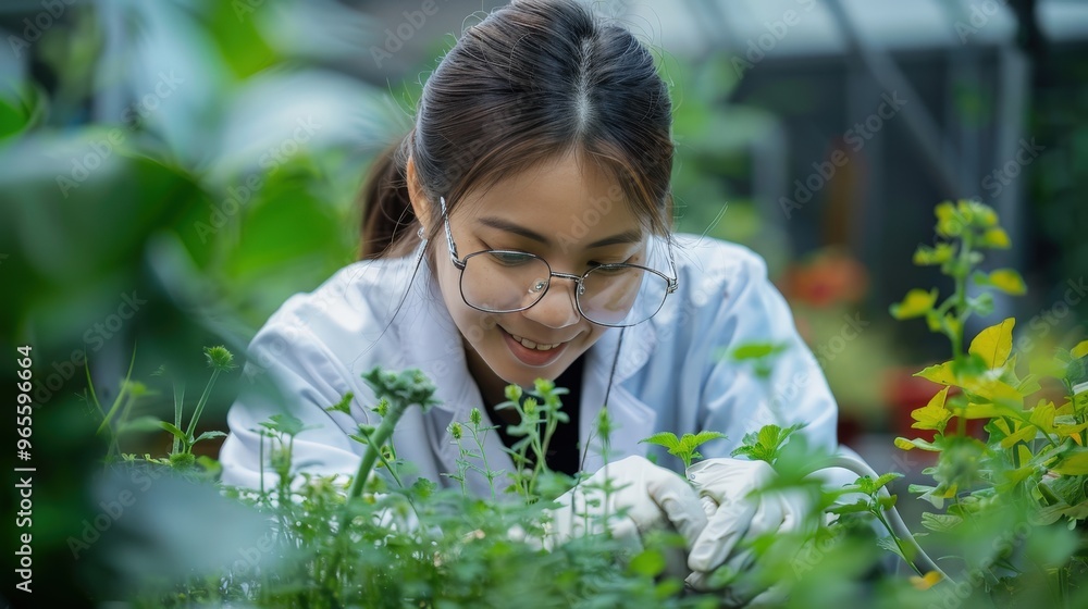 A Dedicated Scientist Tending to Verdant Plants in a Lush Greenhouse Environment A Dedicated Scientist Tending to Verdant Plants in a Lush Greenhouse Environment