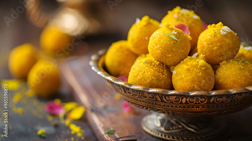 Laddoos, an Indian dessert made with besan gram flour Laddu Besan copy area