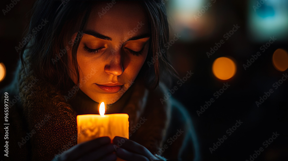 Woman Holding a Candle in the Dark: A Moment of Reflection and Hope Woman Holding a Candle in the Dark: A Moment of Reflection and Hope