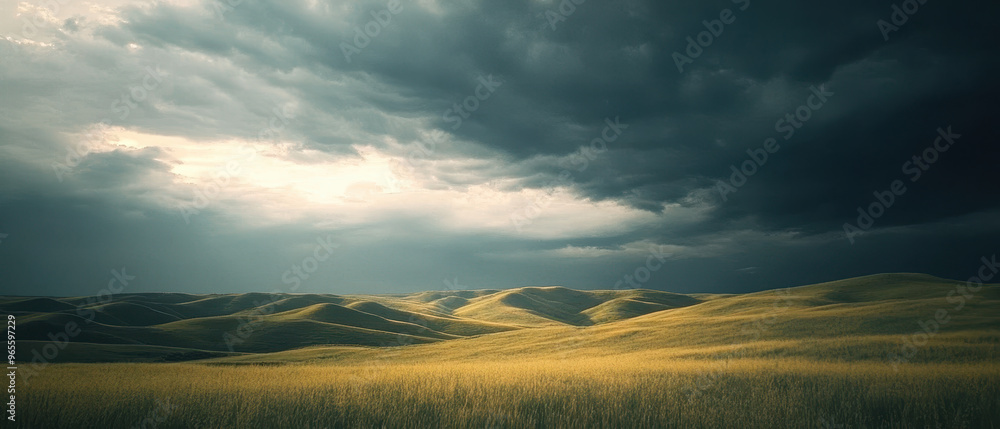 Fototapeta premium A cinematic landscape film shot of rolling hills under dramatic sky, showcasing contrast between golden fields and dark clouds. scene evokes sense of tranquility and awe