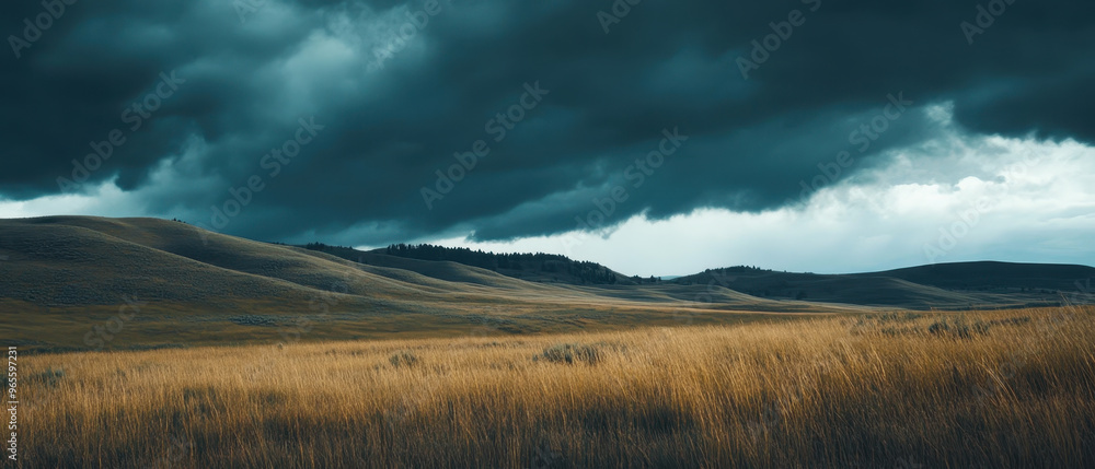A cinematic landscape film shot captures rolling hills under dramatic sky filled with dark clouds. golden grass sways gently, creating serene yet moody atmosphere A cinematic landscape film shot captures rolling hills under dramatic sky filled with dark clouds. golden grass sways gently, creating serene yet moody atmosphere