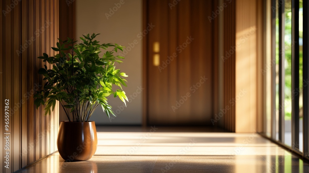 A houseplant in a minimalist hallway, bathed in natural sunlight through large windows, creating a calm and serene atmosphere. A houseplant in a minimalist hallway, bathed in natural sunlight through large windows, creating a calm and serene atmosphere.