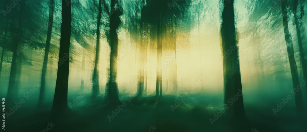 Obraz premium A serene forest scene with blurred shapes of trees, creating an ethereal atmosphere. interplay of light and shadow evokes sense of mystery and tranquility