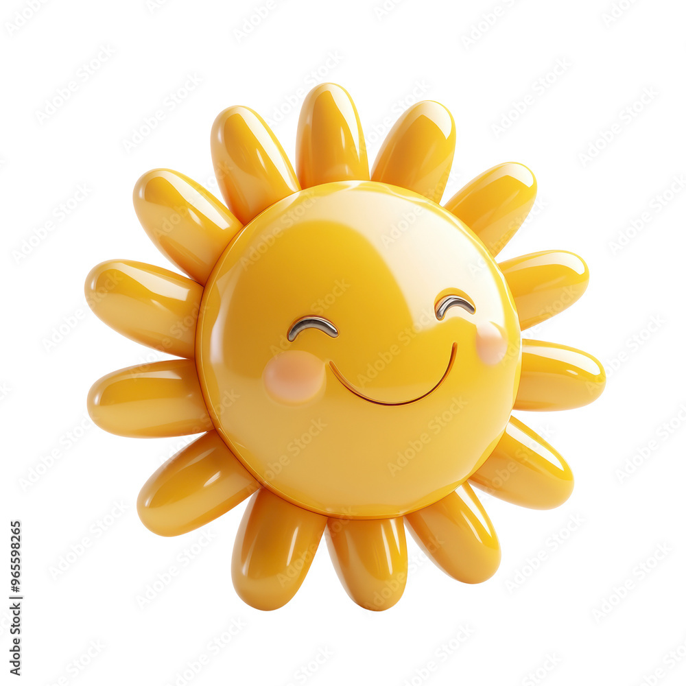 A cheerful, cartoonish sun character with a smiling face and bright yellow rays. Its glossy finish adds a playful and happy vibe A cheerful, cartoonish sun character with a smiling face and bright yellow rays. Its glossy finish adds a playful and happy vibe