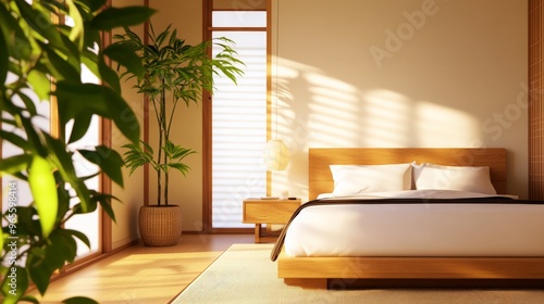 A serene, sunlit bedroom with a minimalist design, featuring a wooden bed, nightstand, large plant, and ample natural light through tall windows. photo